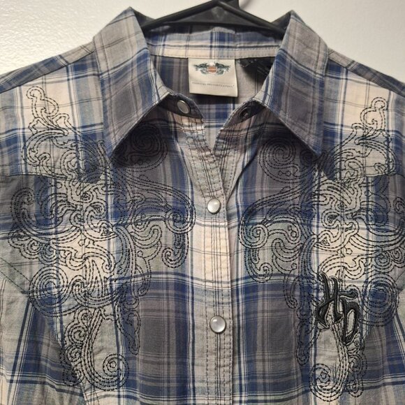 Harley Davidson Plaid Snap Up Down Fringe Embroidered Mens Small Motorcycle Club - Picture 4 of 11